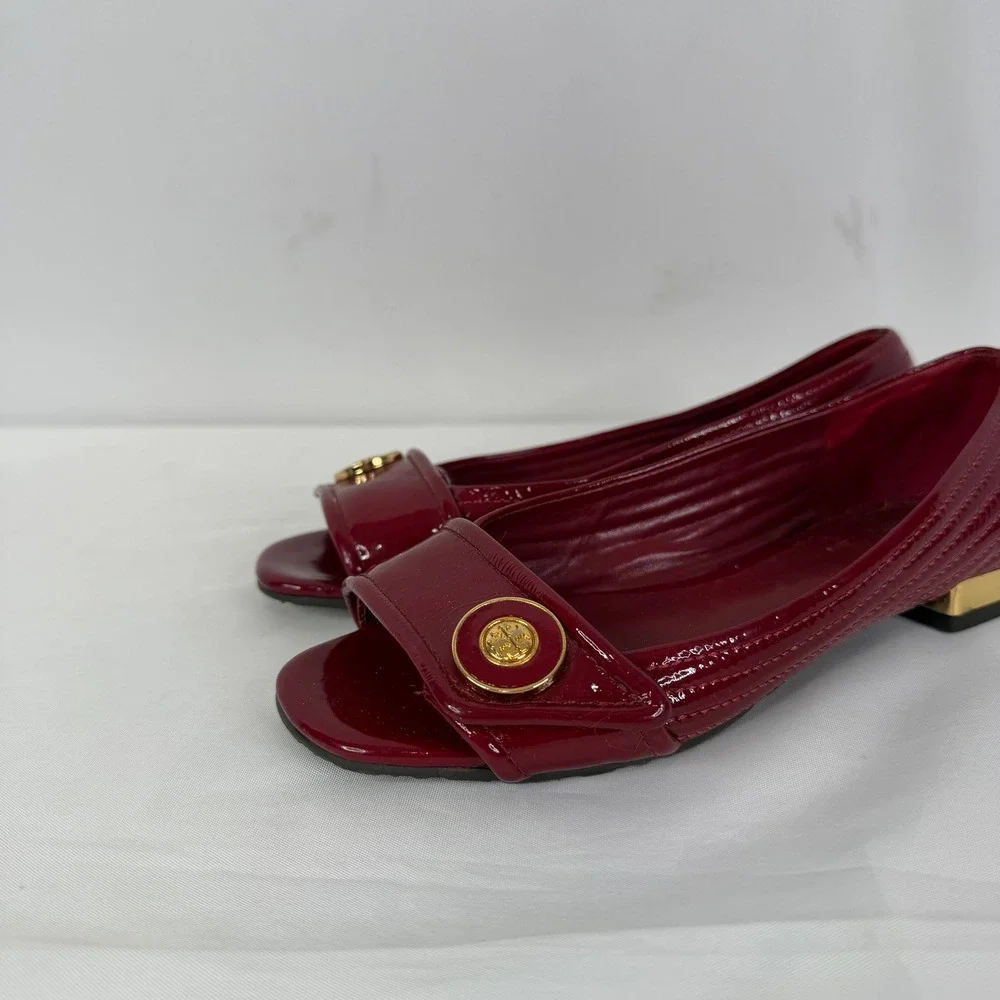 Tory Burch Red Patent Leather Quilted Open Toe Logo Medallion Flats Shoes